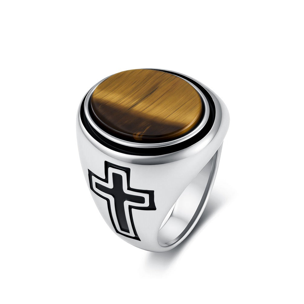 Kemston Oval Stone Signet Ring for Men Stainless Steel Engraved Cross K-R1202