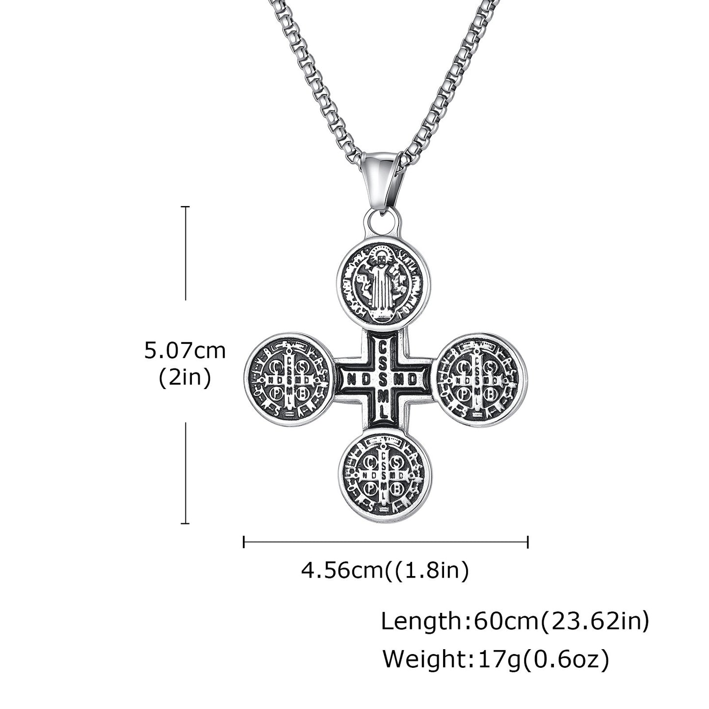 Kemston Engraved Cross Pendant Necklace for Men Stainless Steel Round Vintage PN-2409
