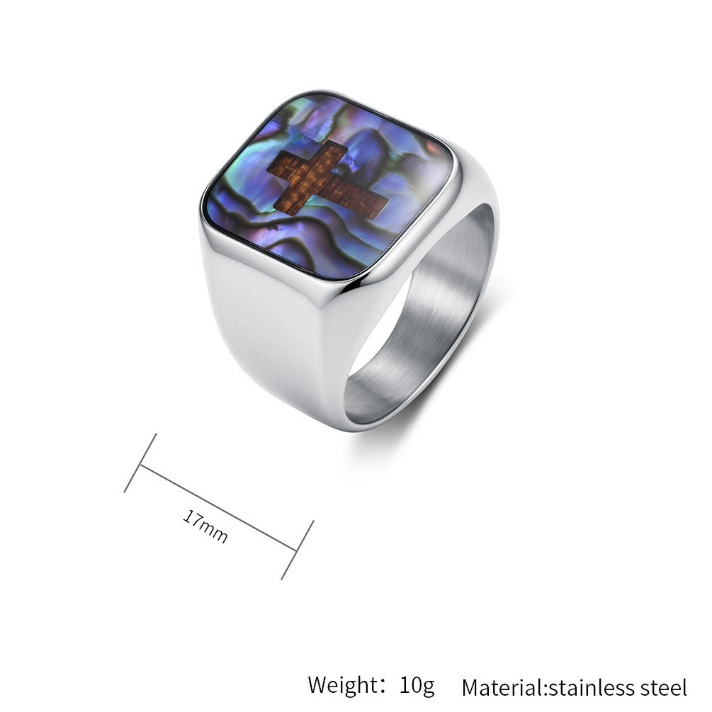 Kemstone Abalone Shell Cross Signet Ring for Men Stainless Steel K-R1239