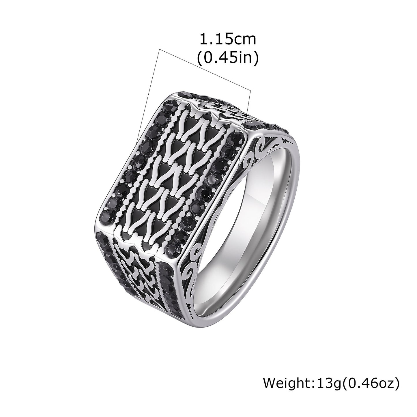 Kemston Stainless Steel Woven Chain Signet Ring for Men Black Cubic Zirconia Inlay Vintage RC-1134