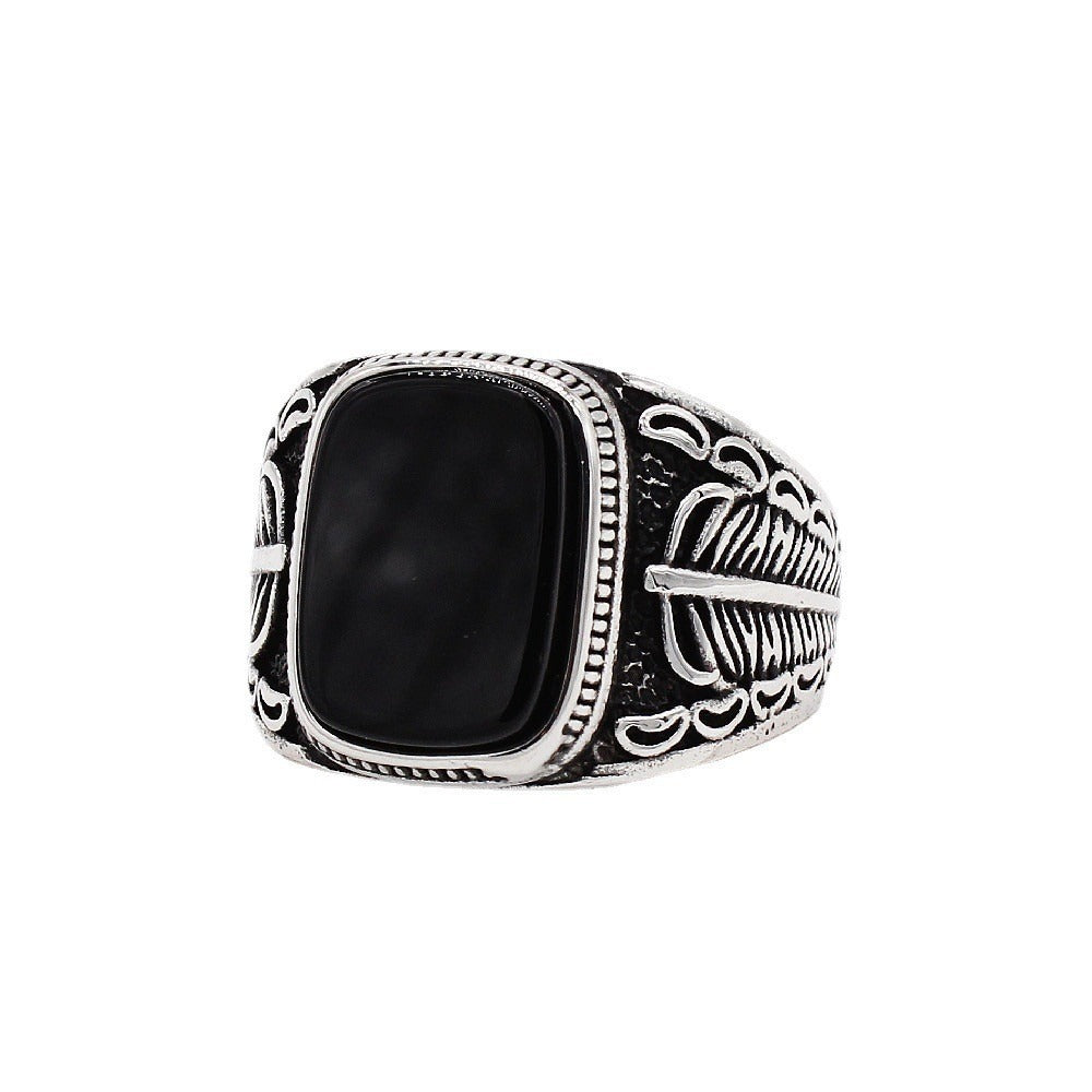 Kemstone Shell Signet Ring for Men Titanium Steel Feather Engraved R1207