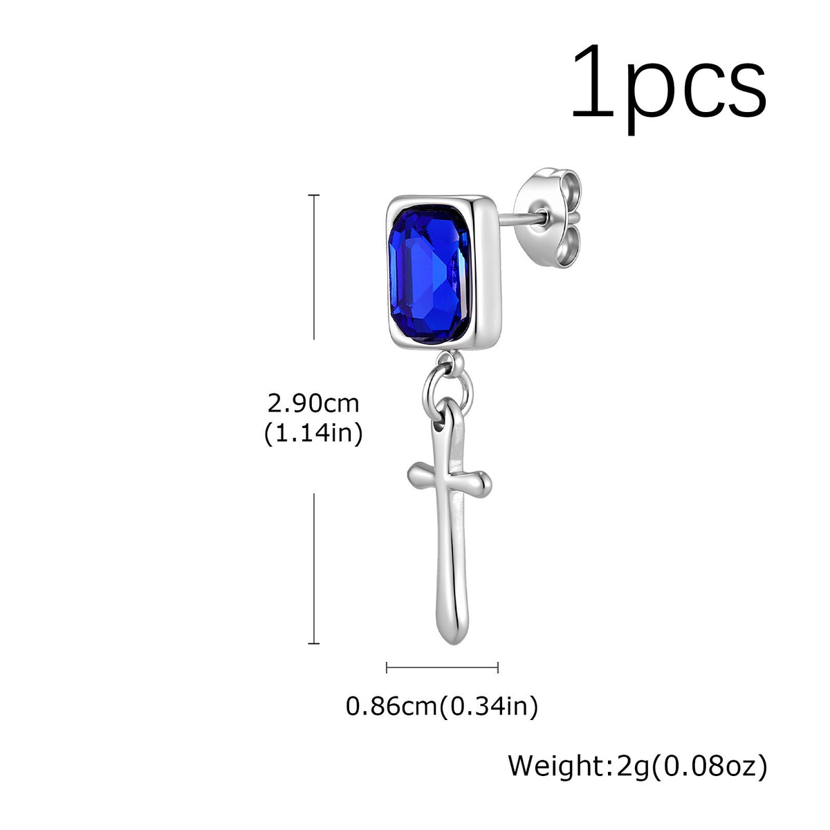 Kemstone Blue Crystal Cross Earring for Men Stainless Steel ED-1148