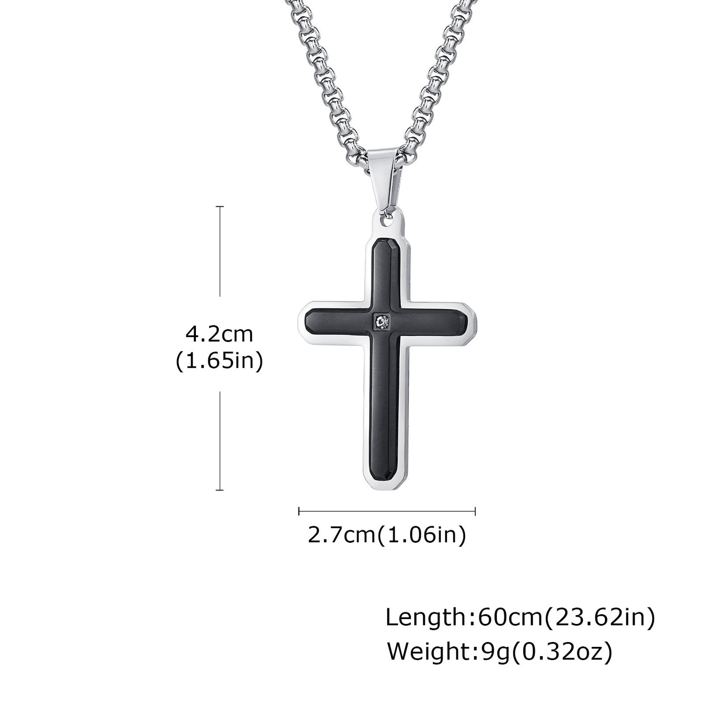 Kemstone Stainless Steel Cross Pendant Necklace for Men – Black Inlay with Cubic Zirconia PN2098
