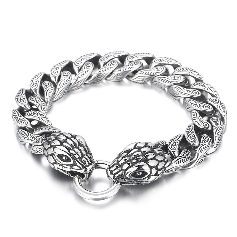 Kemstone Double Snake Head Bracelet – Titanium Steel Cuban Chain for Men | Gothic Punk Vintage Style KB161368-KJX