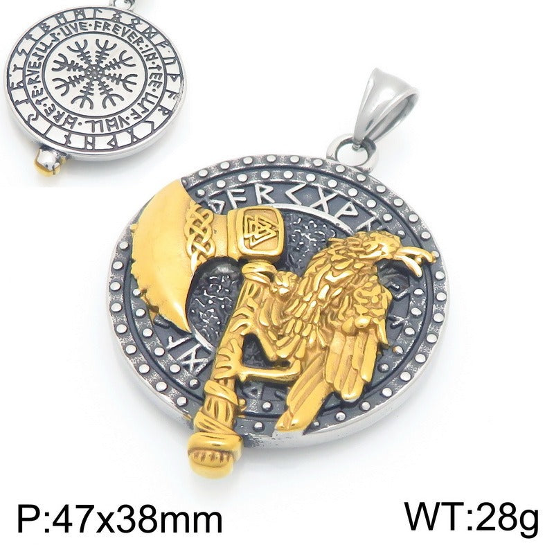 Kemstone Viking Axe Raven Wolf Pendant Necklace Stainless Steel - Rune Coin Norse Style Men KP117708-LU