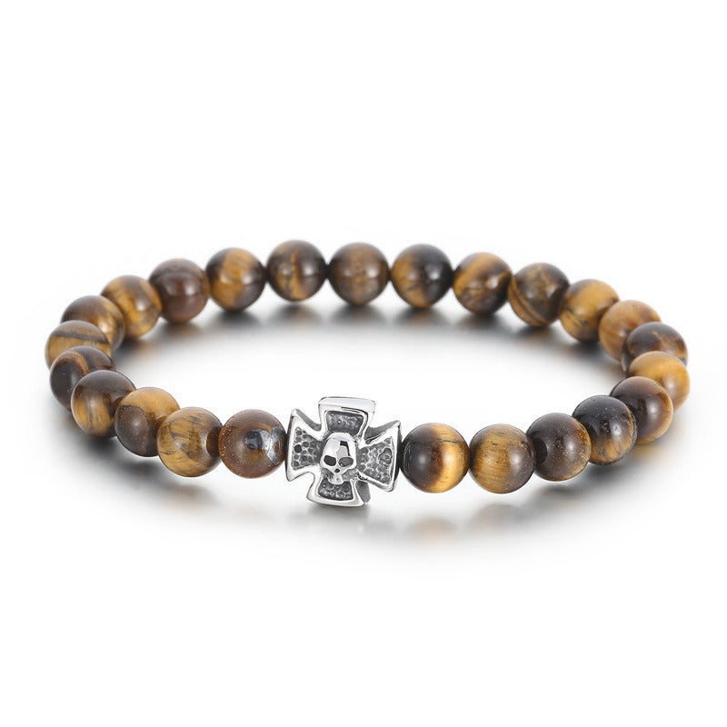 Kemstone Black Onyx Skull Bracelet – Gothic Cross, Howlite Tiger Eye Beads with Adjustable Titanium Steel Chain for Men KB70686-BD