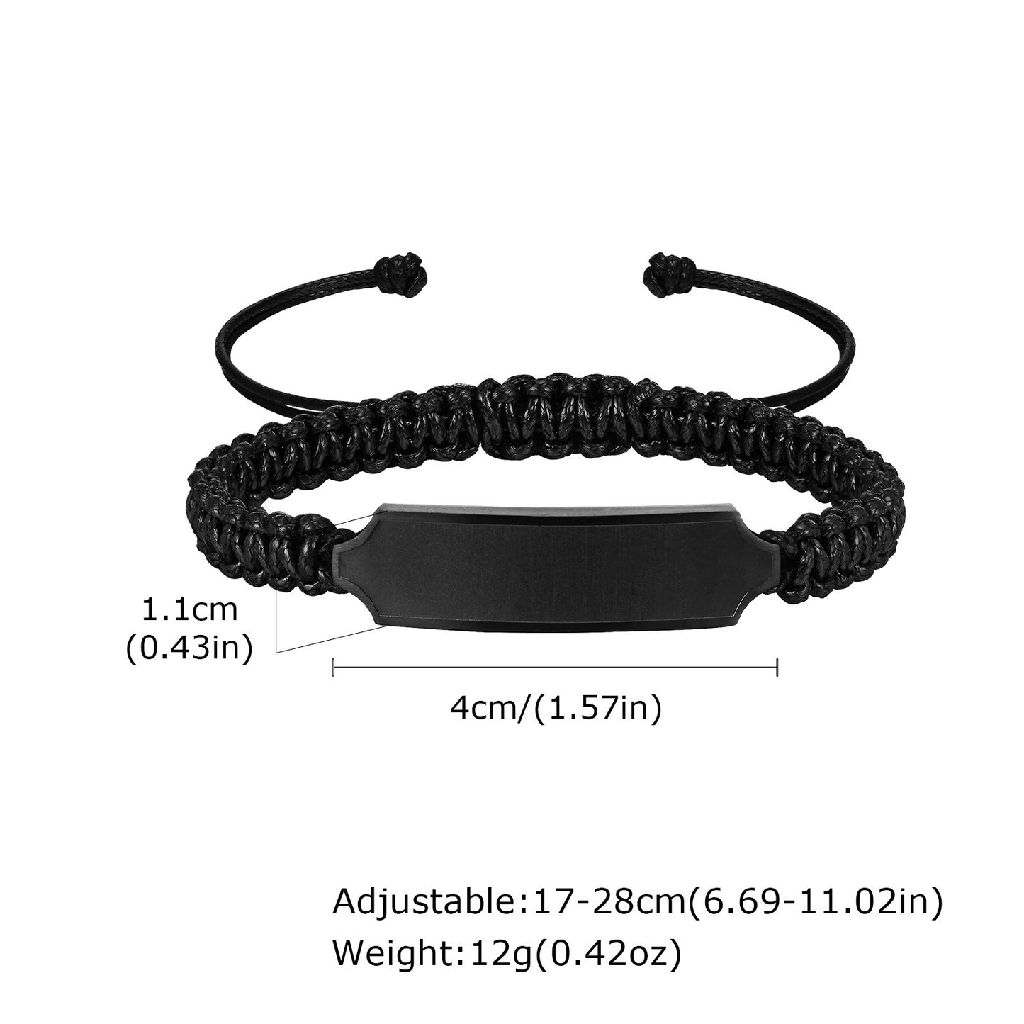 Kemstone Black Braided Stainless Steel Bracelet – Men’s Adjustable ID Plate Minimalist Band BR-2057