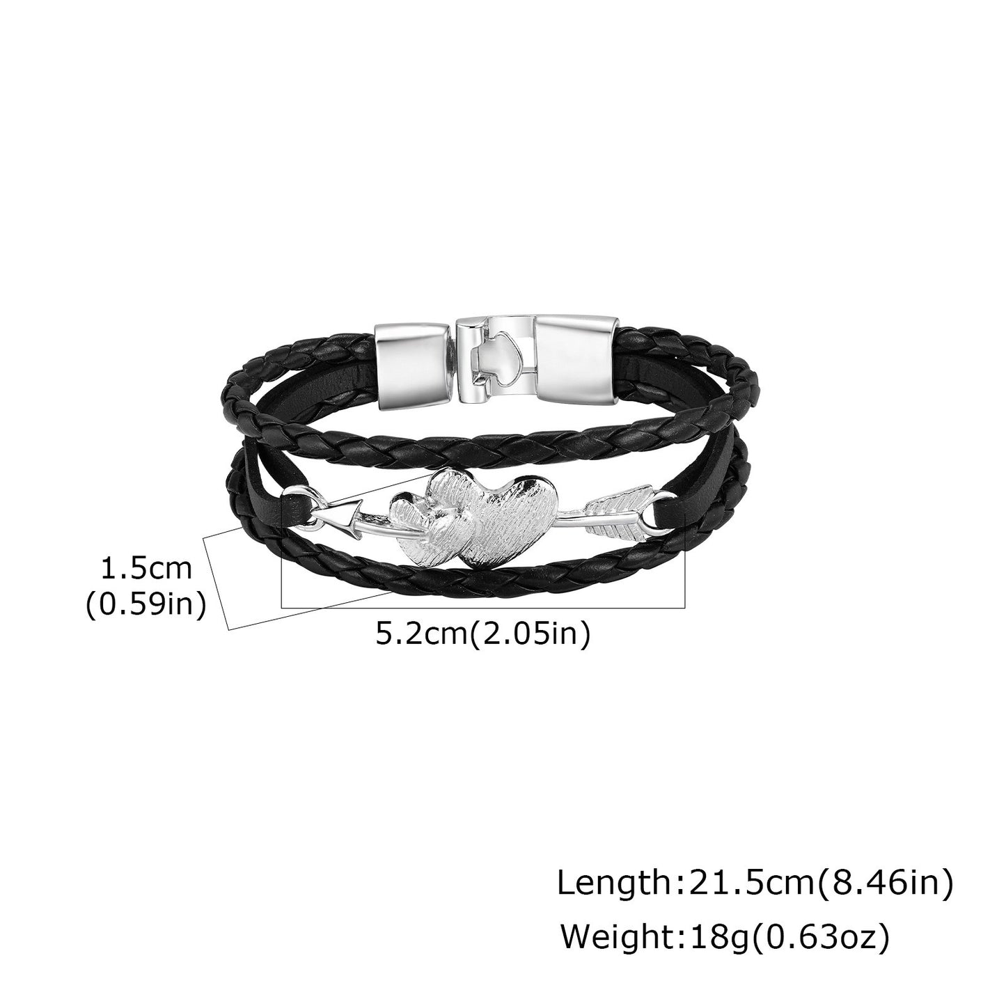 Kemstone Heart Arrow Leather Bracelet Double Braided PU Cord with Alloy Clasp for Men BL-822