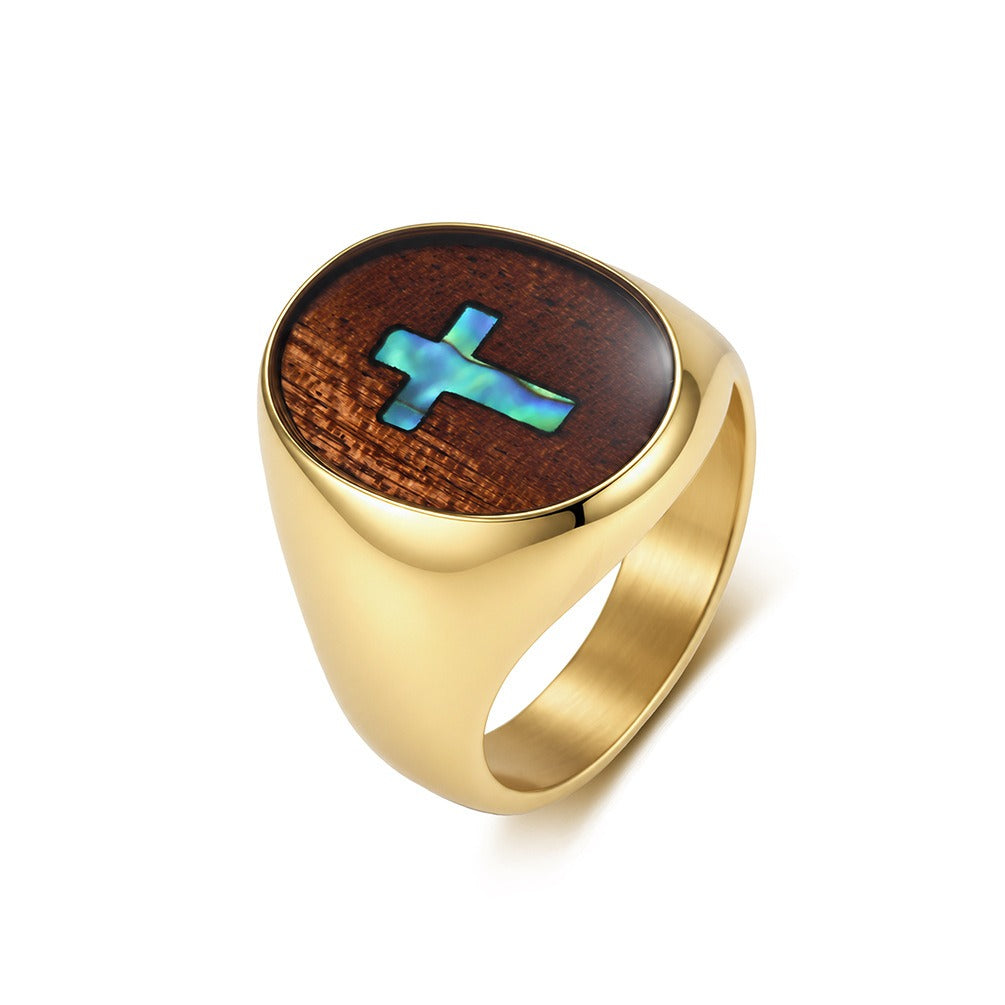 Kemstone Wood Inlay Cross Signet Ring for Men Stainless Steel Vintage K-R12390