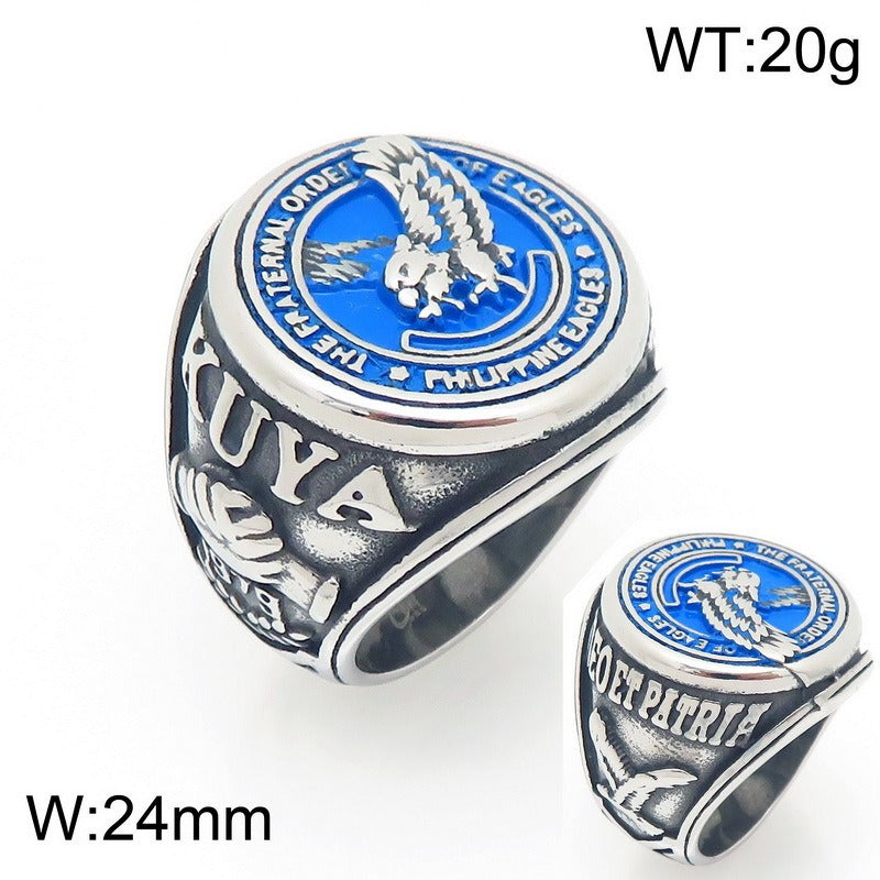 Kemstone Titanium Steel Eagle Ring – Blue Enamel Vintage Signet Jewelry, Symbol of Freedom KR114201-LU