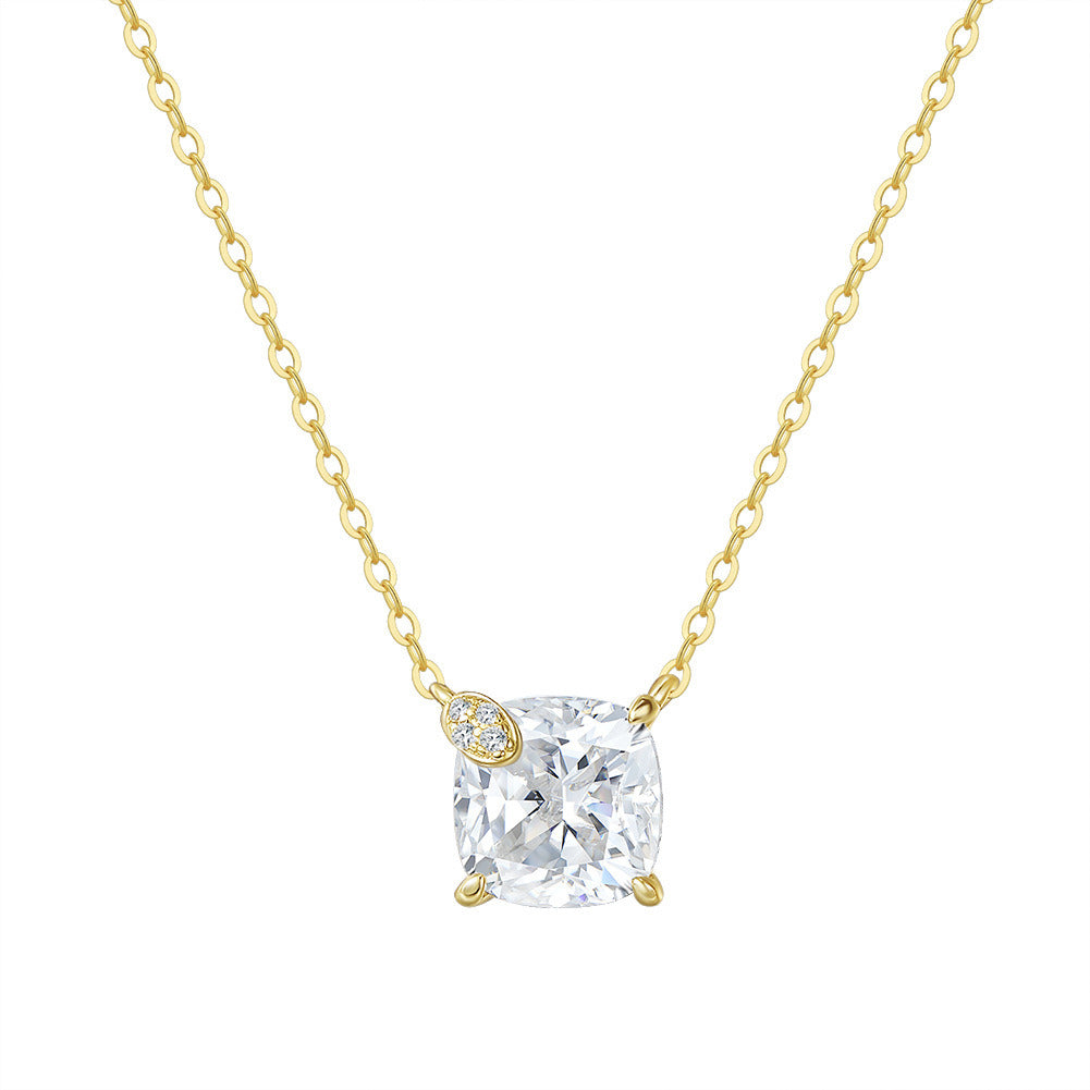Kemstone 925 Sterling Silver Cushion Cut CZ Pendant Necklace for Women, 8mm Dainty Gold Plated Clavicle Chain A4-LZN29
