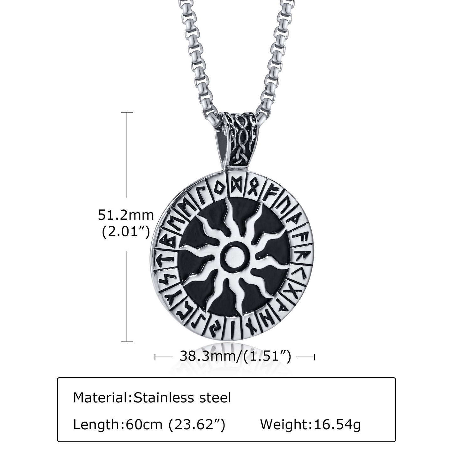 Kemstone Viking Rune Sun Pendant Necklace for Men – Stainless Steel PN-1631