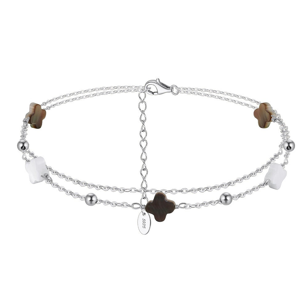 Kemstone 925 Sterling Silver Clover Anklet for Women Layered Shell Chain Gold Silver GMA02