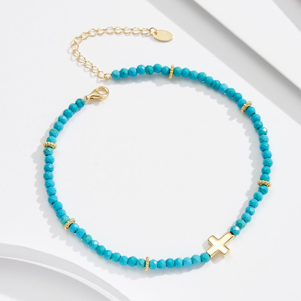 Kemstone 925 Sterling Silver Turquoise Anklet for Women Cross Charm Beaded Chain SA86