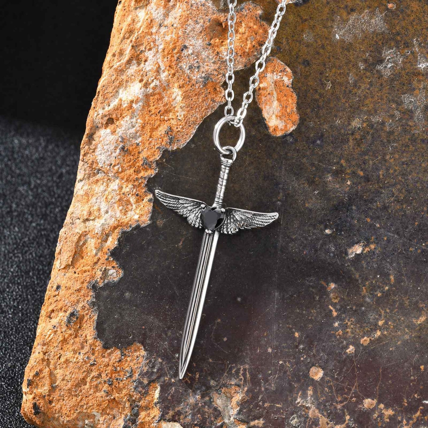 Kemstone Stainless Steel Winged Sword Pendant Necklace with Black Cubic Zirconia for Men PN-2245