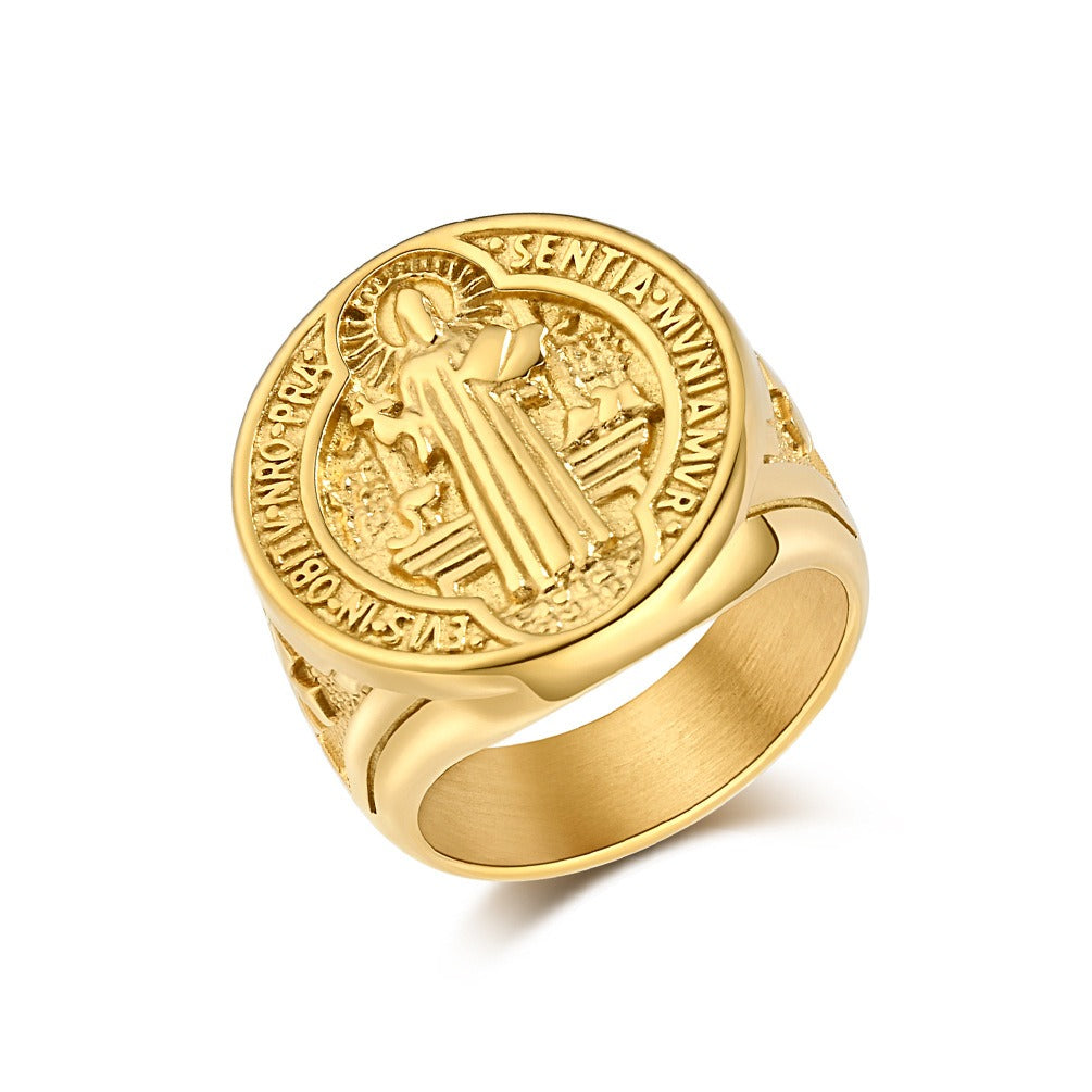 Kemstone Vintage Medallion Signet Ring for Men – Stainless Steel Relief Coin Design K-R981