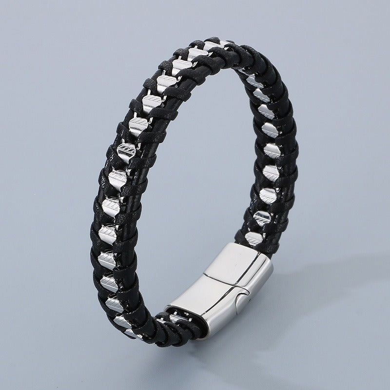Kemstone Titanium Steel Braided Leather Strap Bracelet for Men Hip Hop Streetwear KB179967-YA
