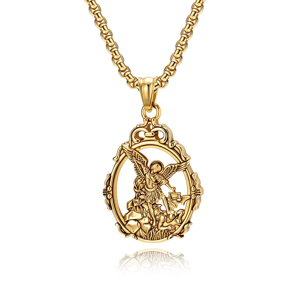 Kemstone Stainless Steel Angel Pendant Necklace for Men Vintage Relief Archangel Medallion Oval Silver Gold Black K-PT711