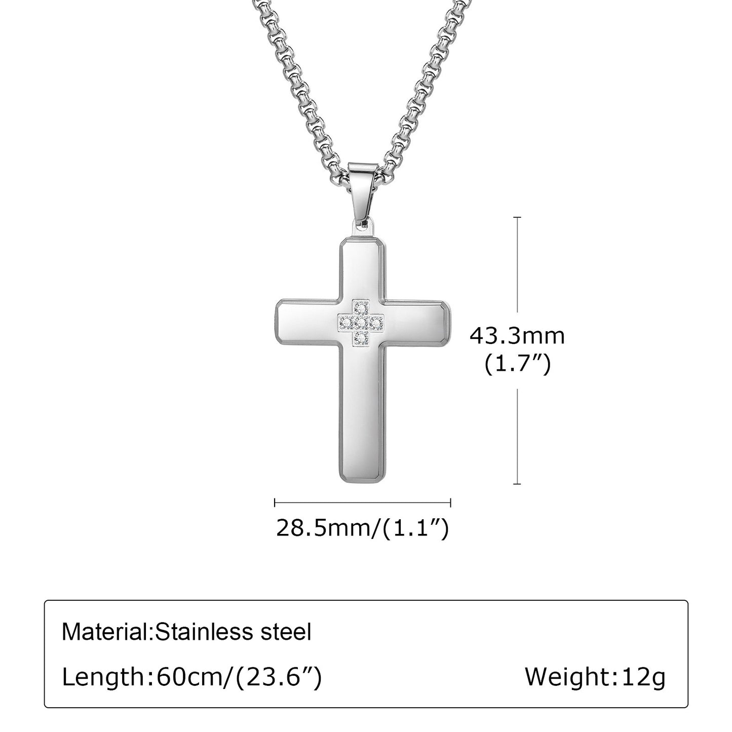 Kemstone Stainless Steel Cross Pendant Necklace with Cubic Zirconia Inlay for Men PN-2044