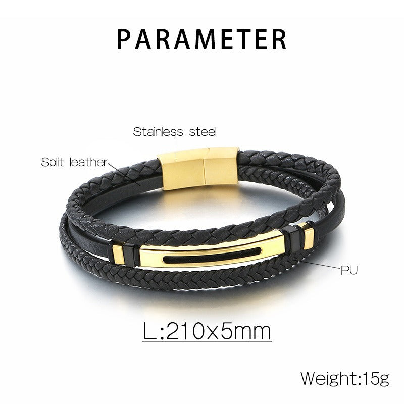 Kemstone Layered Braided Black Leather Bracelet for Men Titanium Steel Accent KB180741-JR