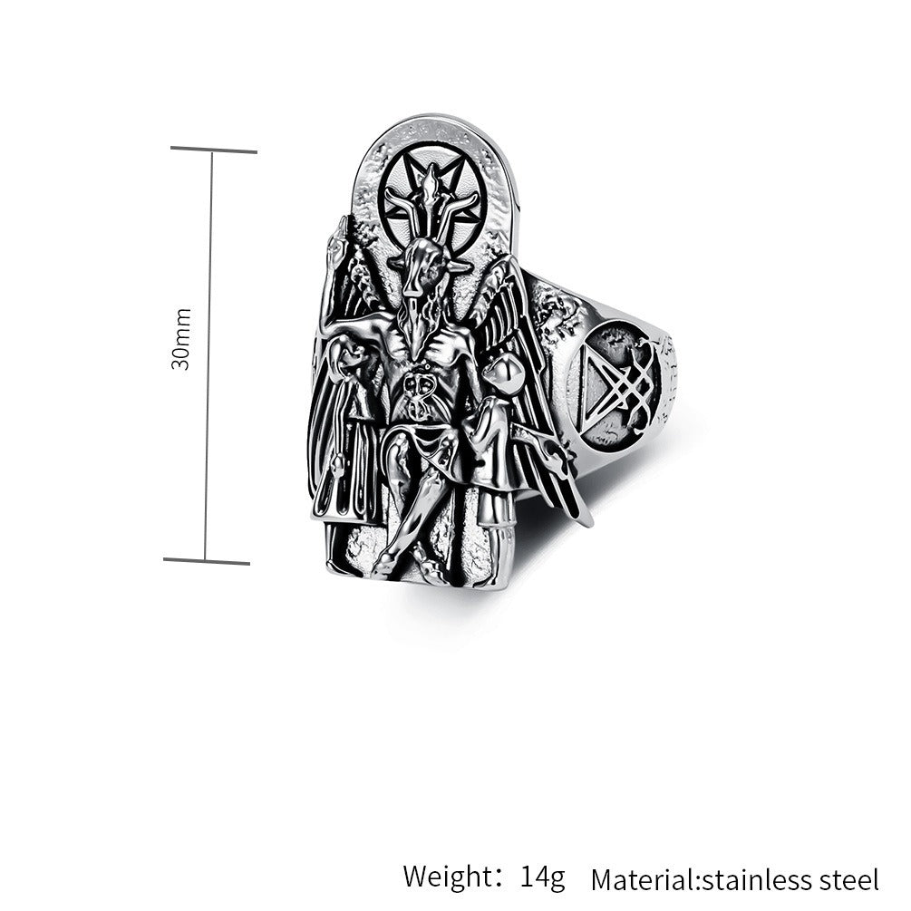 Kemstone Stainless Steel Goat Head Signet Ring – Gothic Vintage Style for Men K-R1154