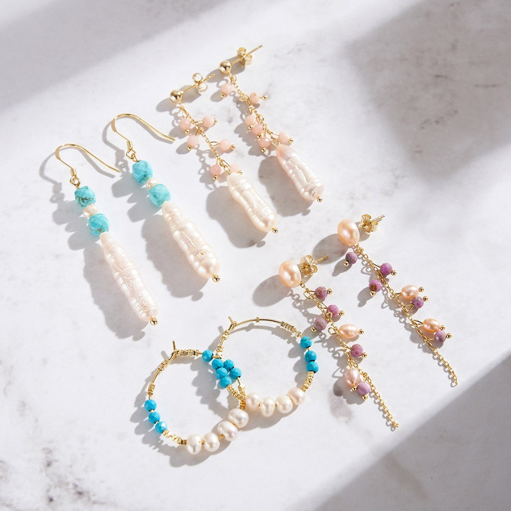 Kemstone 925 Sterling Silver Turquoise Pearl Hoop Earrings for Women Freshwater Pearl Vintage Style MPE07