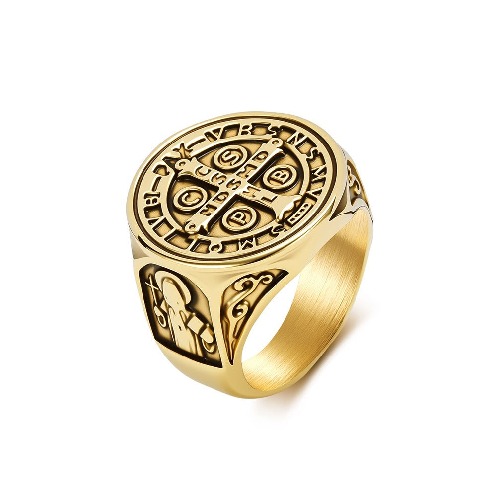 Kemstone Stainless Steel Cross Medallion Ring for Men Vintage Engraved Coin Signet Seal Symbol Silver Gold Black K-R1143