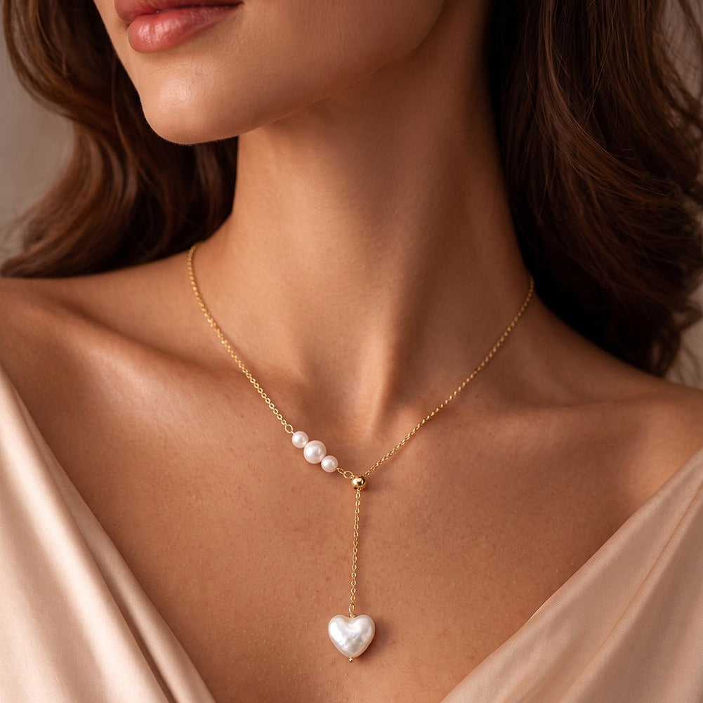 Kemston Baroque Heart Freshwater Pearl Y Necklace for Women 925 Sterling Silver Gold Tone GPN116