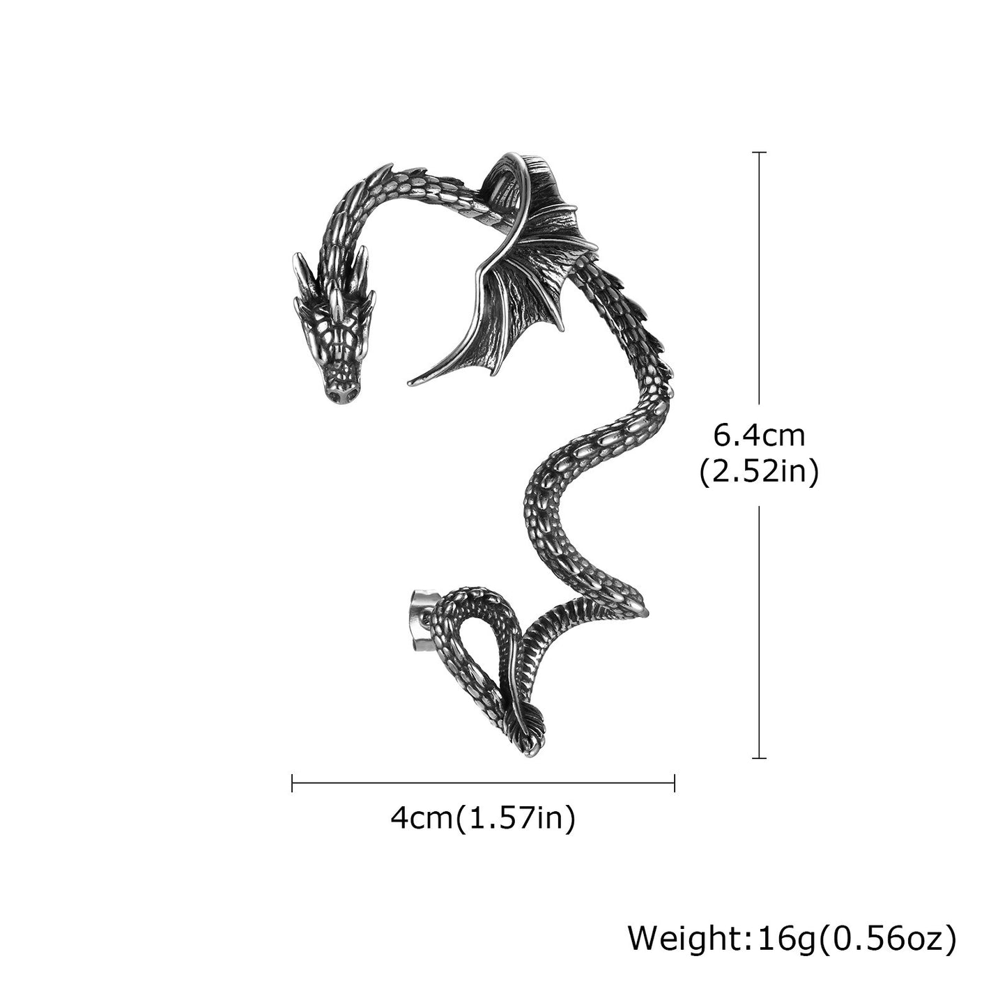 Gothic Dragon Ear Cuff for Men – Clip-On No Piercing Earring, Viking Style Snake Wrap Design ED-786