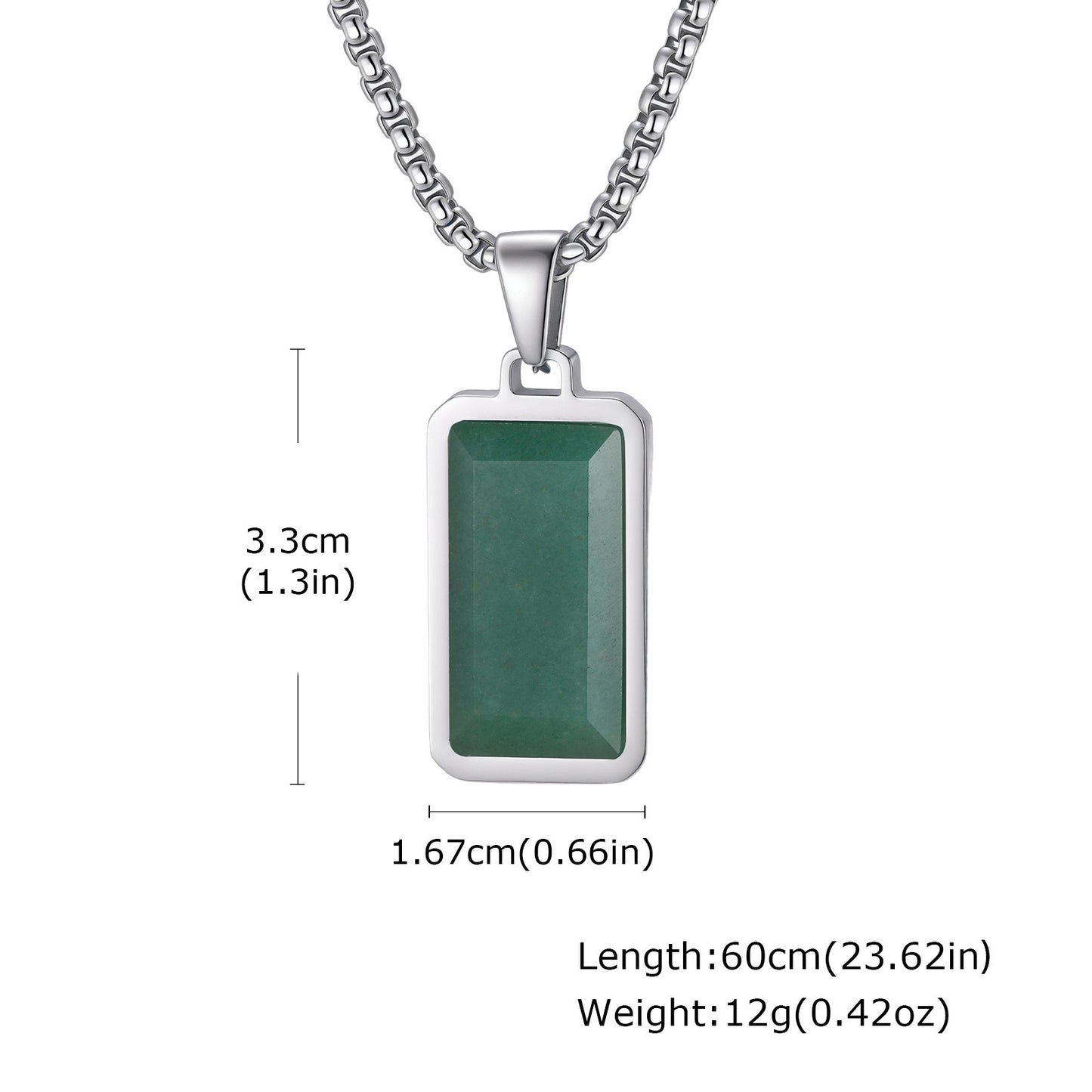 Kemstone Green Stone Pendant Necklace Stainless Steel Rectangular Minimalist Necklace for Men PN-2259