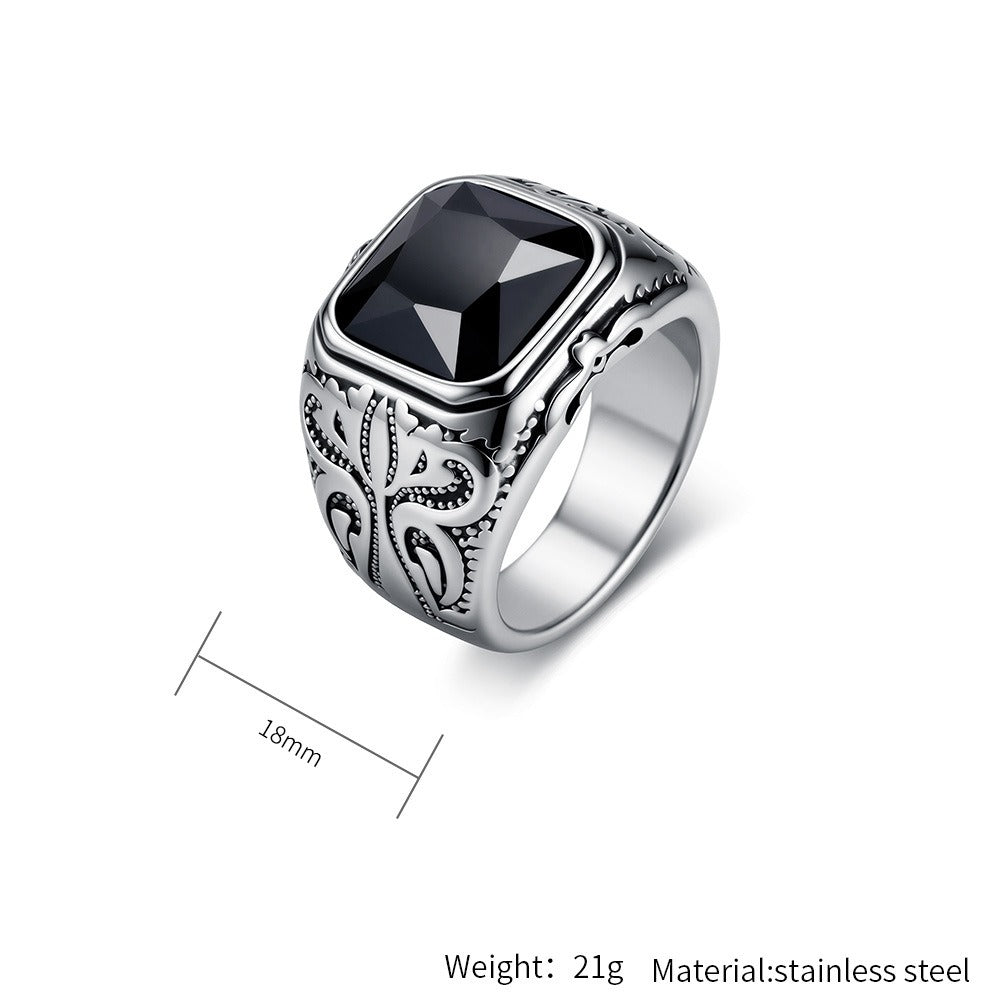 Kemston Black Stone Signet Ring for Men Stainless Steel Vintage Engraved Design K-R1199