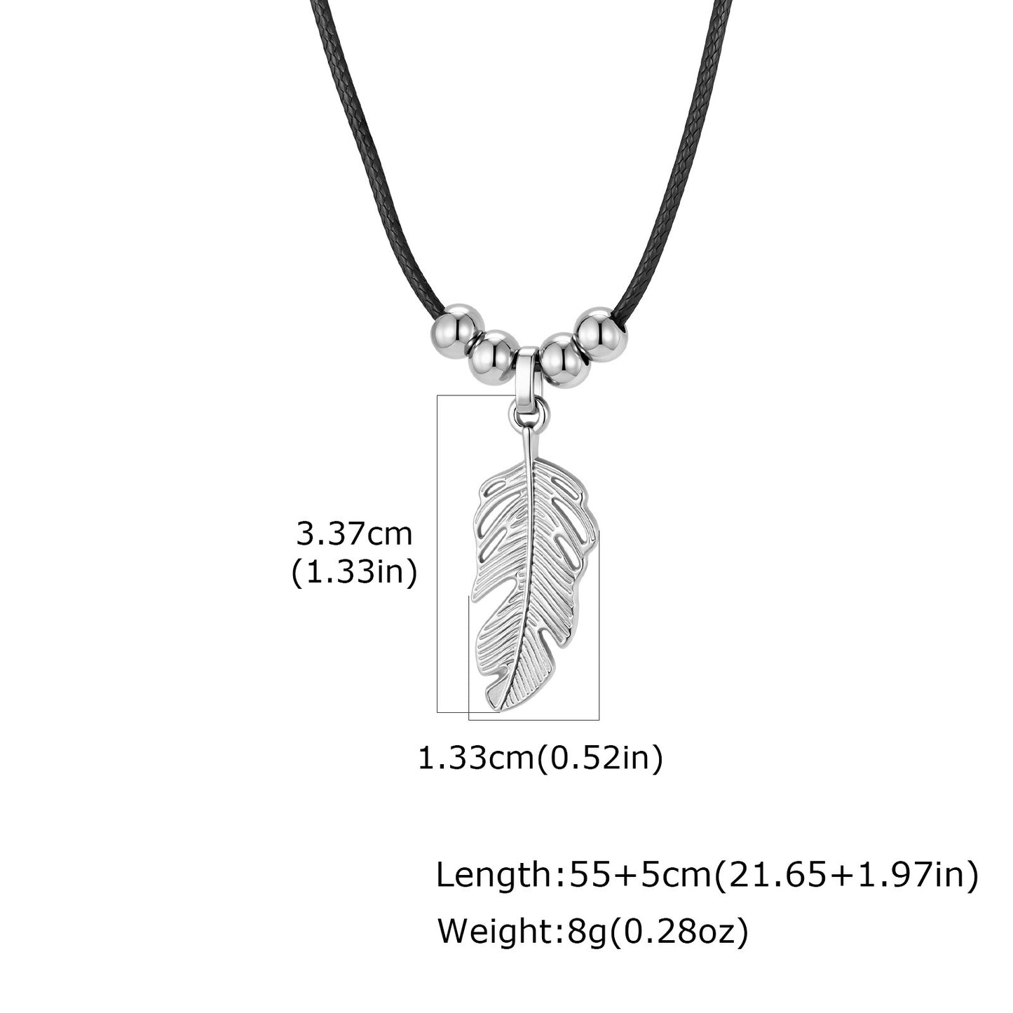Kemstone Stainless Steel Leaf Pendant Necklace for Men Black Cord Beaded Chain NC-2753