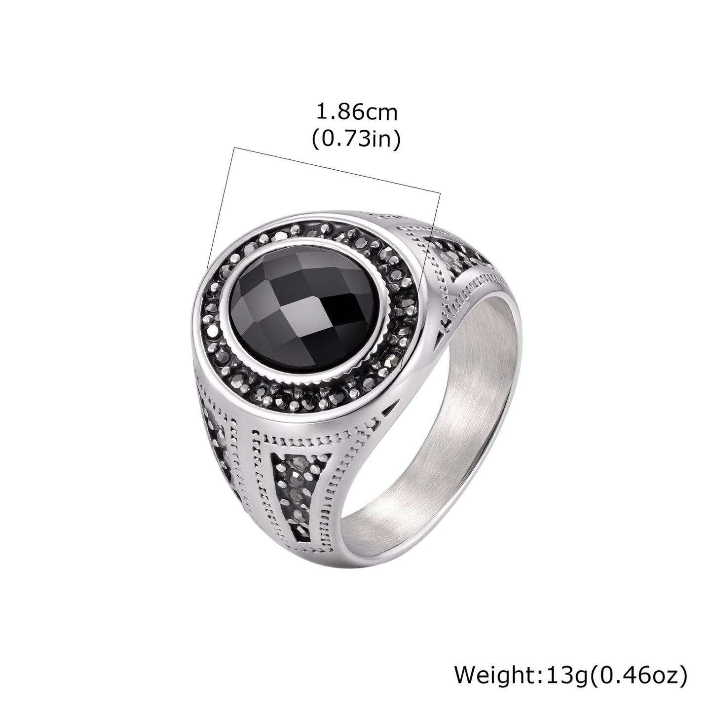 Kemstone Stainless Steel Black Oval Signet Ring Vintage Glass Detail for Men RC-842