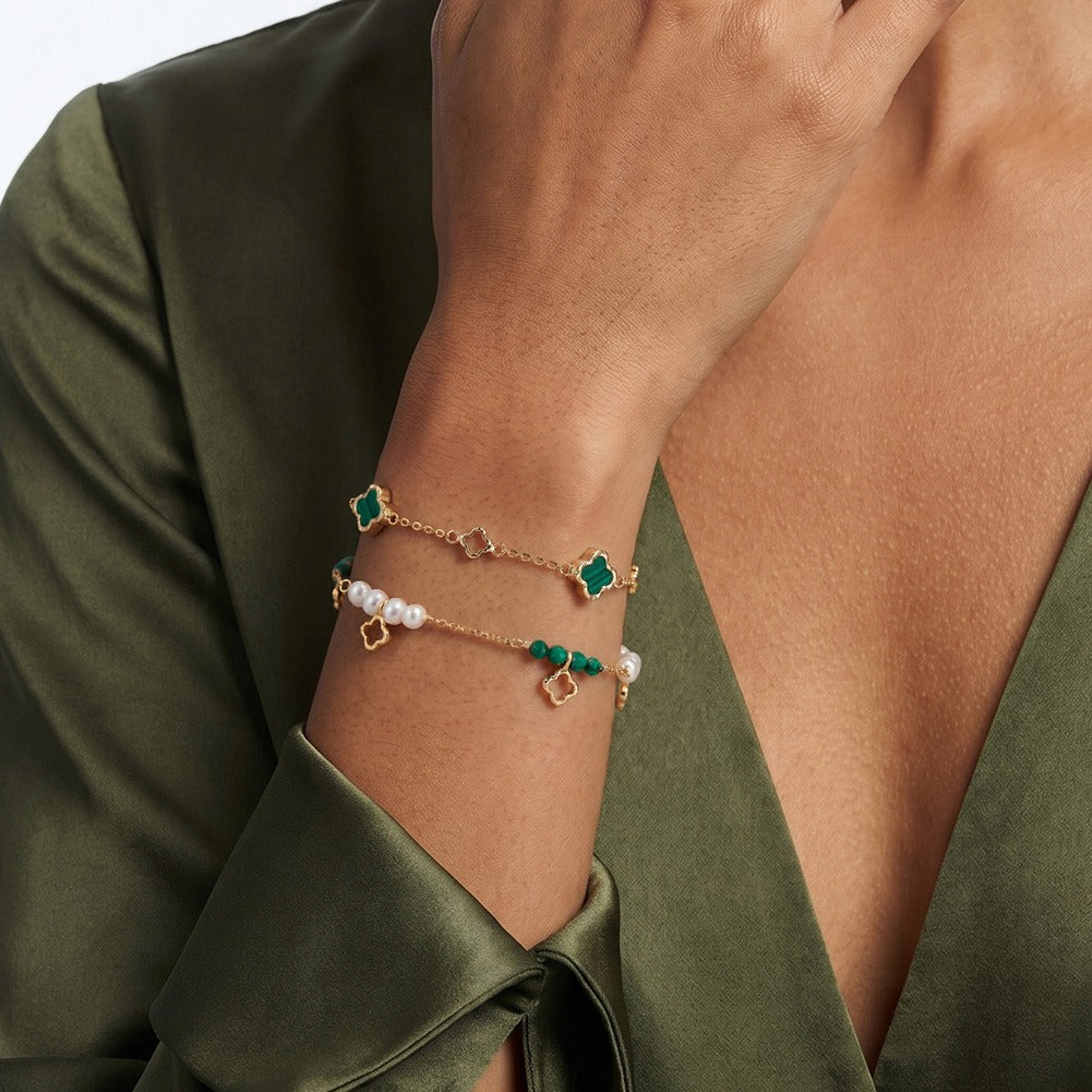 Kemston Freshwater Pearl Malachite Bracelet for Women 925 Sterling Silver Gold Plated MPB24