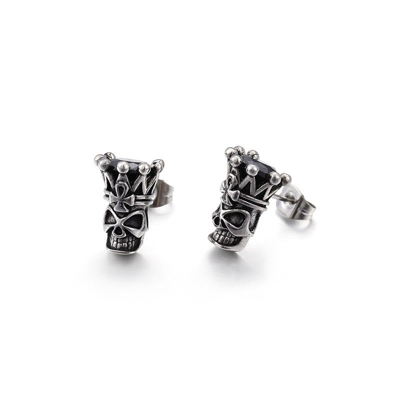 Kemstone Crowned Skull Cubic Zirconia Stud Earrings for Men – Titanium Steel Vintage Silver KE71702
