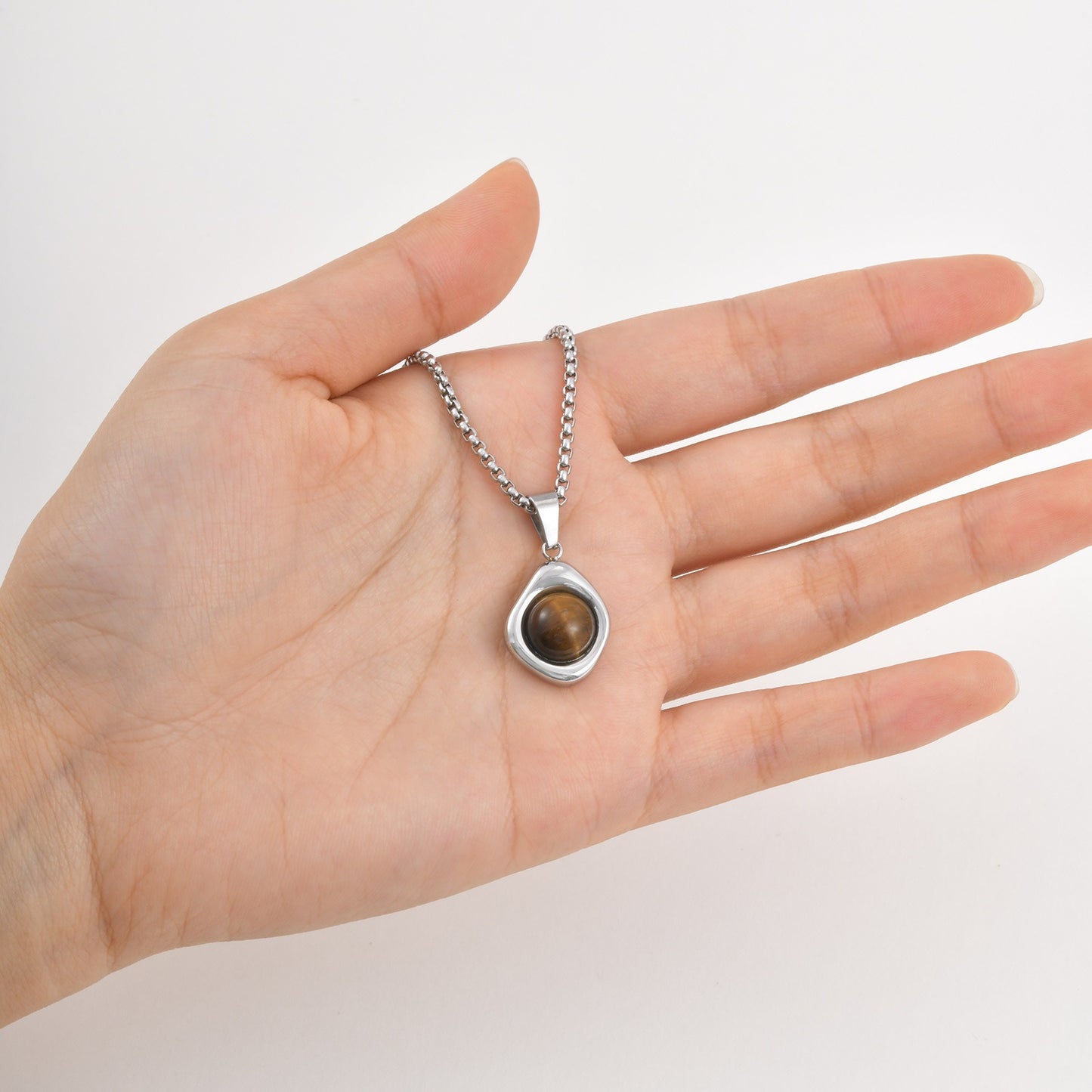 Kemstone Men’s Stainless Steel Pendant Necklace – Irregular Tiger Eye Onyx PN-2189