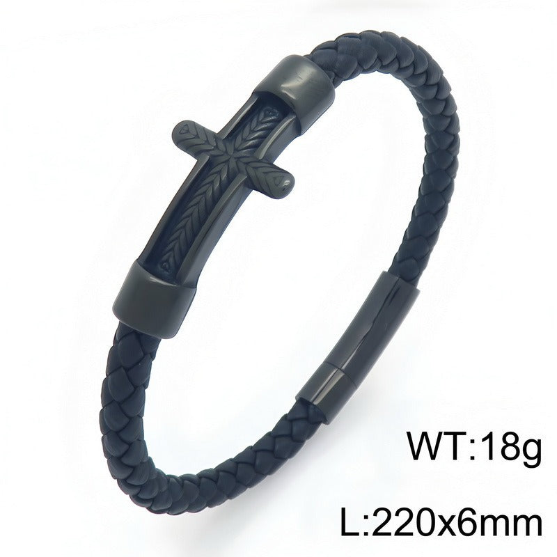 Kemstone Wheat Engraved Cross Bracelet for Men Braided Faux Leather Titanium Steel KB214751-SJ