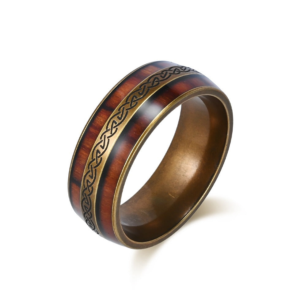 Kemstone Celtic Knot Wood Inlay Stainless Steel Ring for Men & Women K-R1026