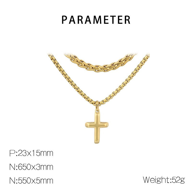 Kemstone Titanium Steel Cross Pendant Necklace for Men, Layered Box Chain Double Chain Gold Silver Black KN283141-KFC