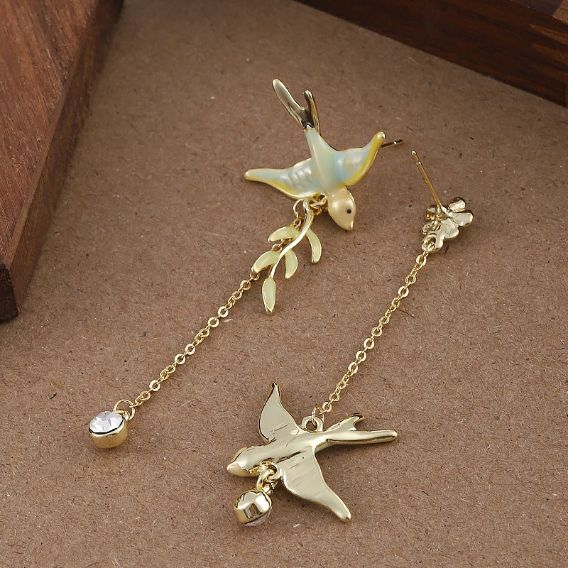 Kemstone Asymmetrical Swallow Drop Earrings for Women Floral Tassel D84993