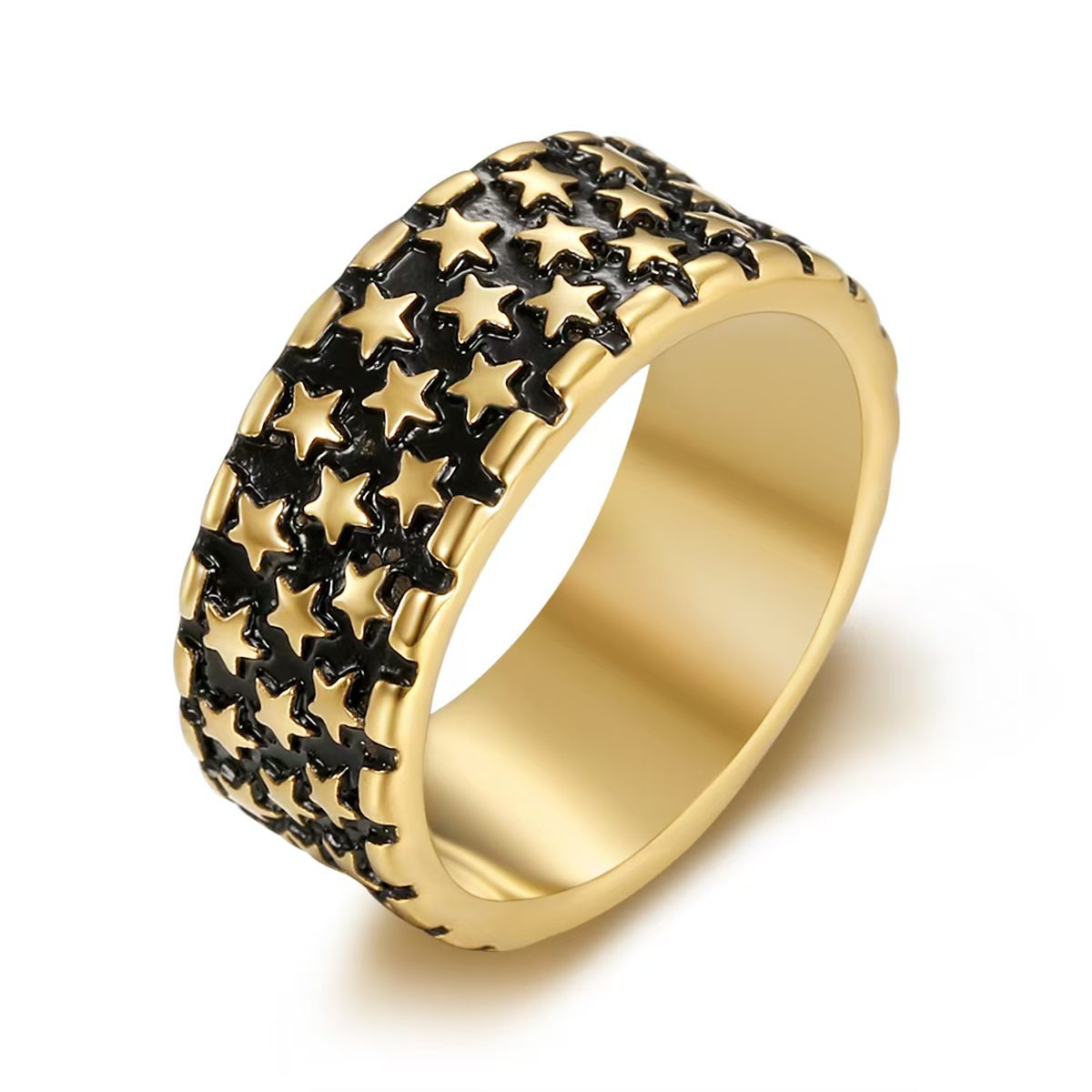 Kemstone Stainless Steel Star Ring for Men – Punk Style 10mm Wide Ring Gold/Silver TR0457