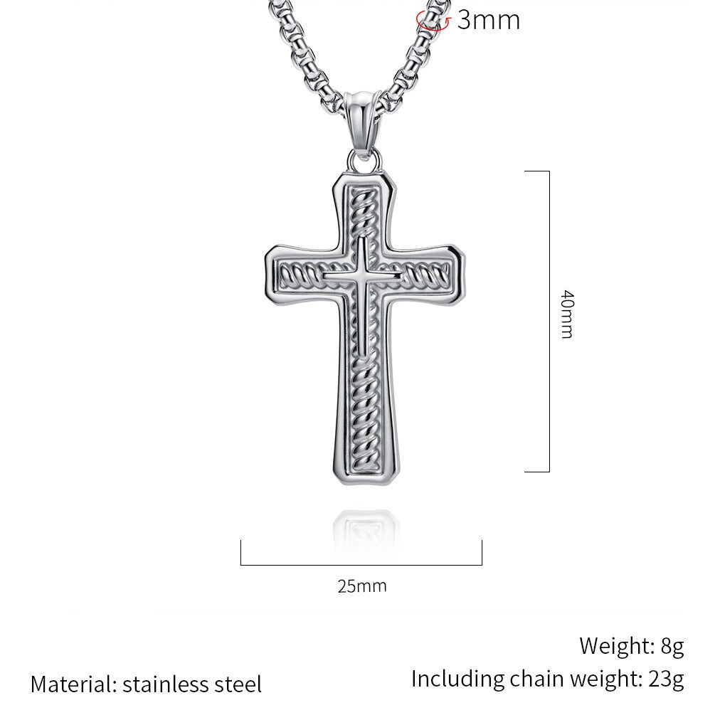 Kemstone Stainless Steel Layered Cross Pendant Necklace Rope Texture Detail for Men K-PT716