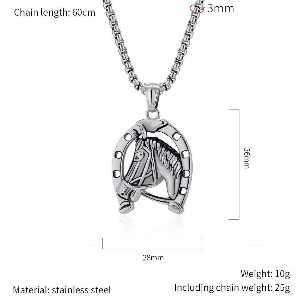 Kemstone Men’s Stainless Steel Horse Head Horseshoe Necklace – Gold/Silver K-PT606
