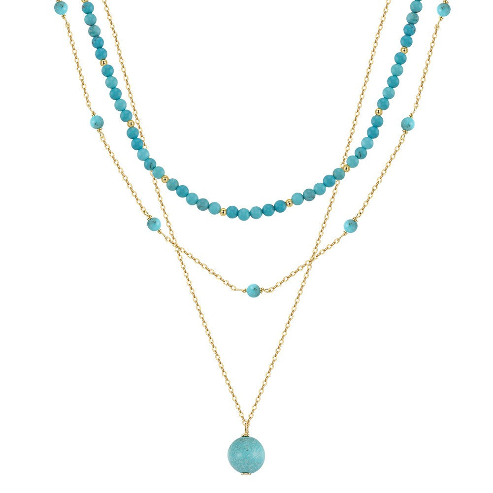 Kemstone 925 Sterling Silver Turquoise Layered Necklace for Women Beaded Double Chain BQN33