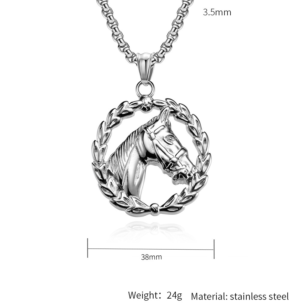 Kemstone Stainless Steel Horse Head Wreath Pendant Necklace for Men - Vintage Style K-PT448