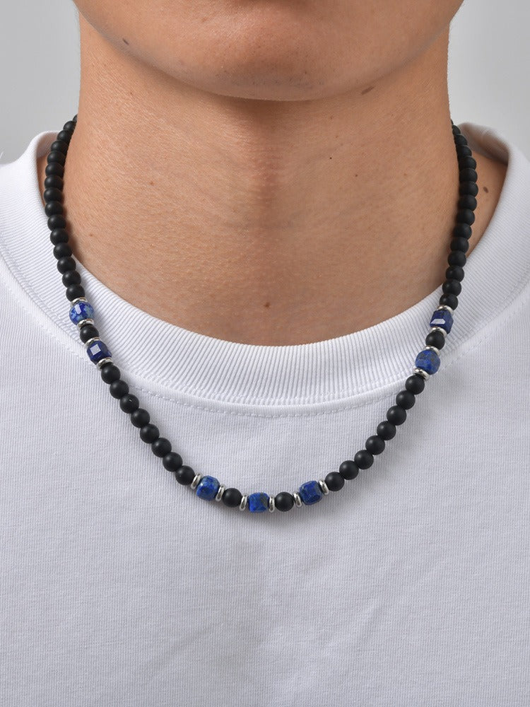 Kemston Black Agate Lapis Lazuli Beaded Necklace for Men Stainless Steel Vintage Style NC-3020