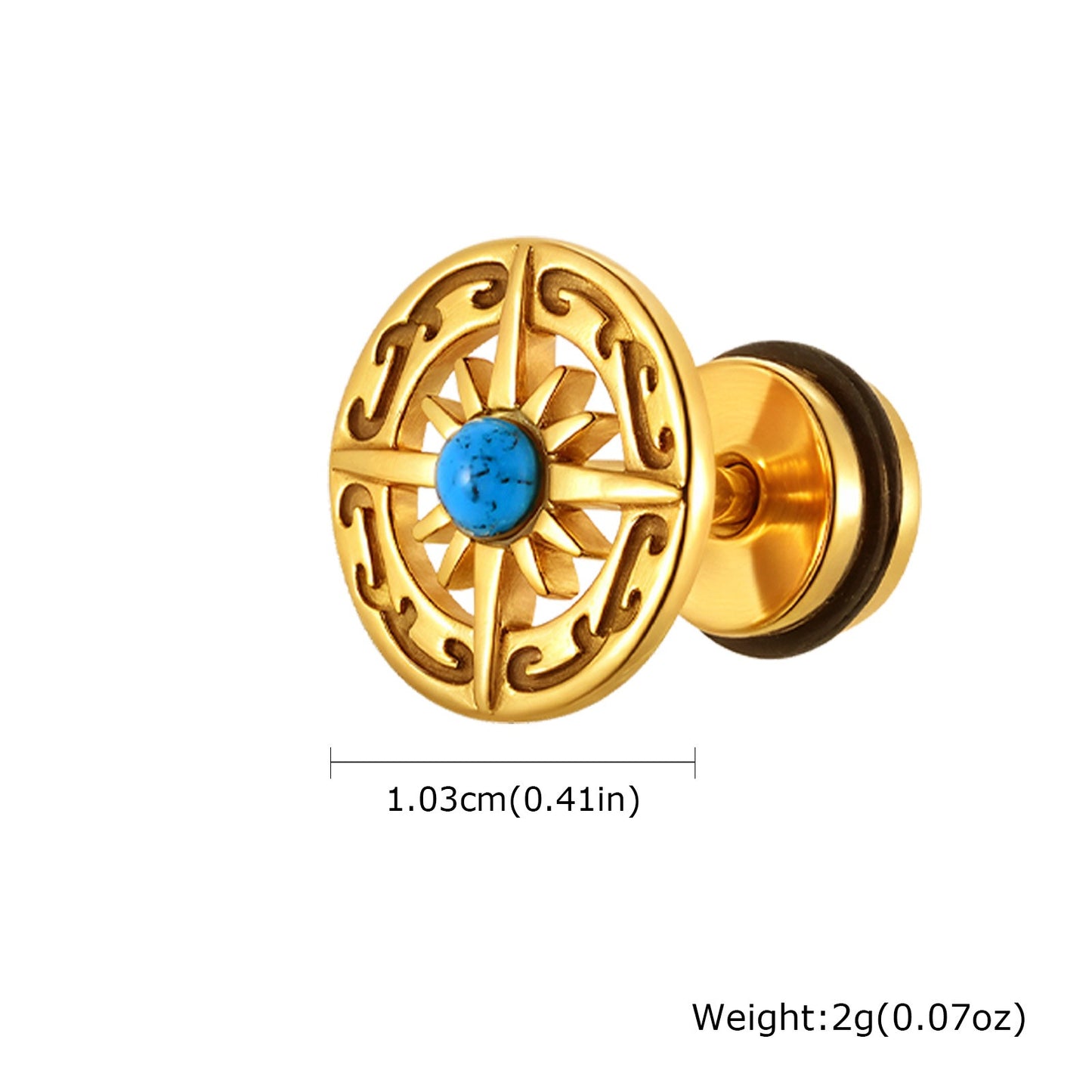 Kemstone Stainless Steel Turquoise Compass Stud Earrings – Vintage Symbolic Jewelry for Men, Gold/Silver ES-679