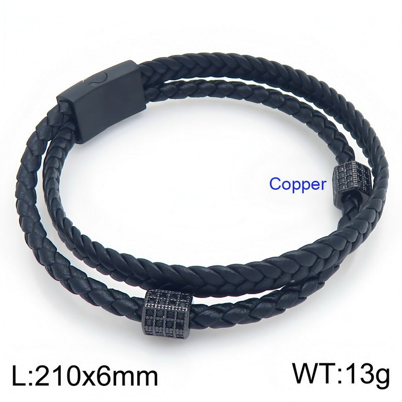 Kemstone Double Layer Braided Leather Bracelet for Men Copper Accent KB214771-SJ