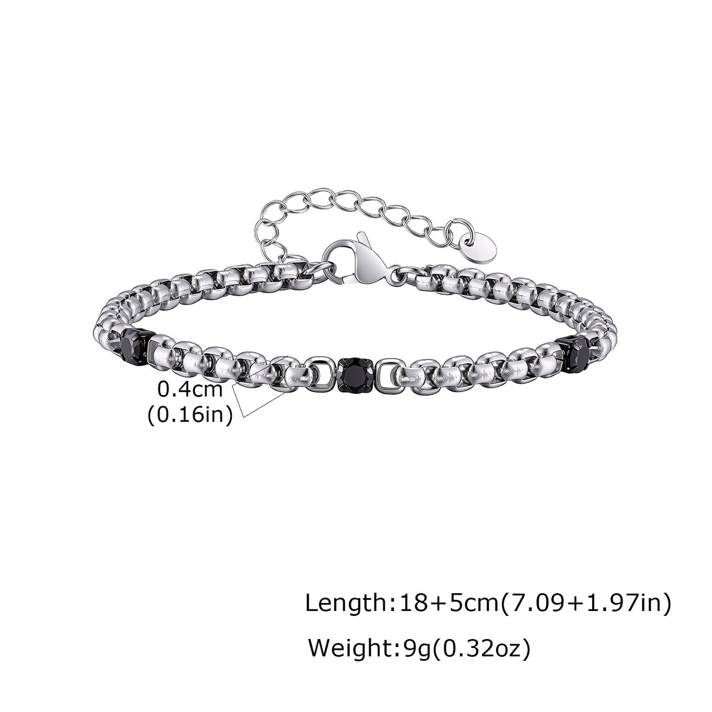 Kemston Stainless Steel Black Cubic Zirconia Beaded Chain Bracelet for Men Street Style BR-3103