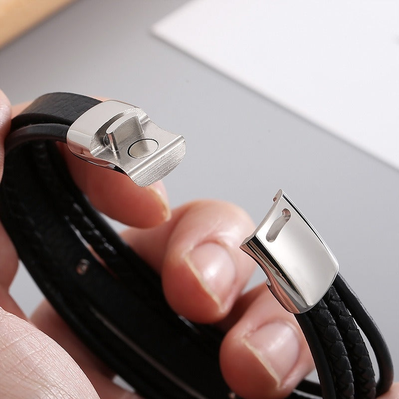 Kemstone Men’s Leather Bracelet – Titanium Steel Multi-Layer Braided Wristband B140193